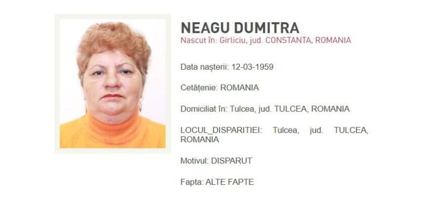 o femeie din comuna garliciu domiciliata in tulcea a fost data disparuta daca ati vazut o sunati la 112 675be90e5972e