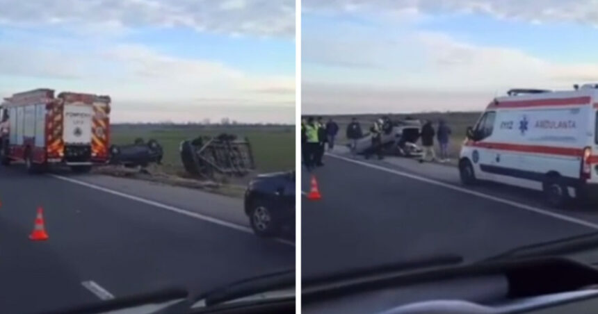 video sapte masini implicate intr un accident pe a1 trei vehicule s au rasturnat iar trei persoane au fost transportate la spital 6787dd6acbf9b