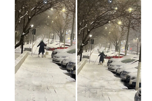 cu schiurile la plimbare prin oras o femeie a fost filmata in timp ce schia pe trotuar 67b32ea0b31ab