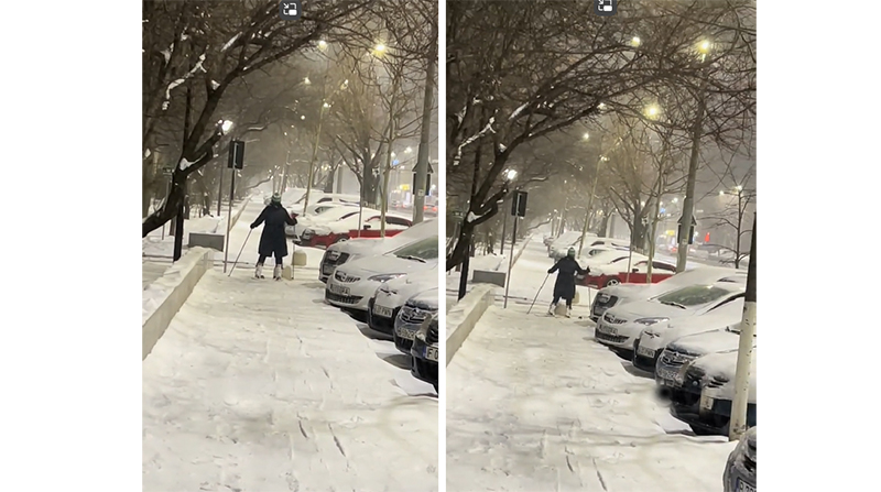 cu schiurile la plimbare prin oras o femeie a fost filmata in timp ce schia pe trotuar 67b32ea0b31ab