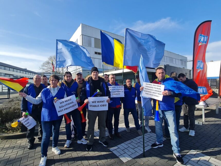 sindicalistii romani au protestat in fata sediului central al holdingului damen in olanda sun cerute masuri urgente pentru salvarea santierului naval mangalia 67dd81ba33611