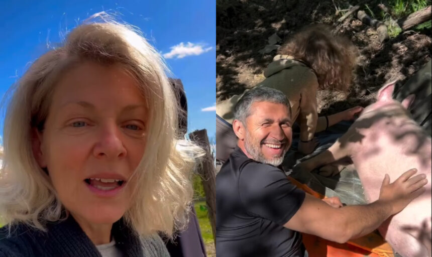 dragos bucur si baietelul kadri surprinsi cand se joaca cu porcul familiei in gradina casei dana nalbaru i a filmat cand a luat o pauza de la sadit rasaduri 682ddca6af48d