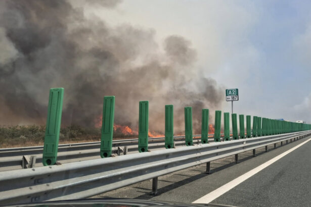 video incendiu de vegetatie langa autostrada soarelui pompierii intervin cu mai multe autospeciale traficul rutier oprit 688cb82d2e612